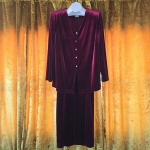 Vintage 90s K Woman Red Velvet Evening Skirt & Peplum Jacket Set 18W